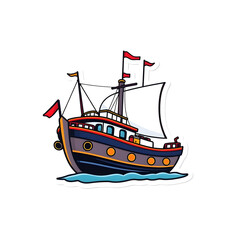 Abstract vector kawaii style ship sticker with bright lens flare contrasting colors and contour lines set against a big white background art illustration design