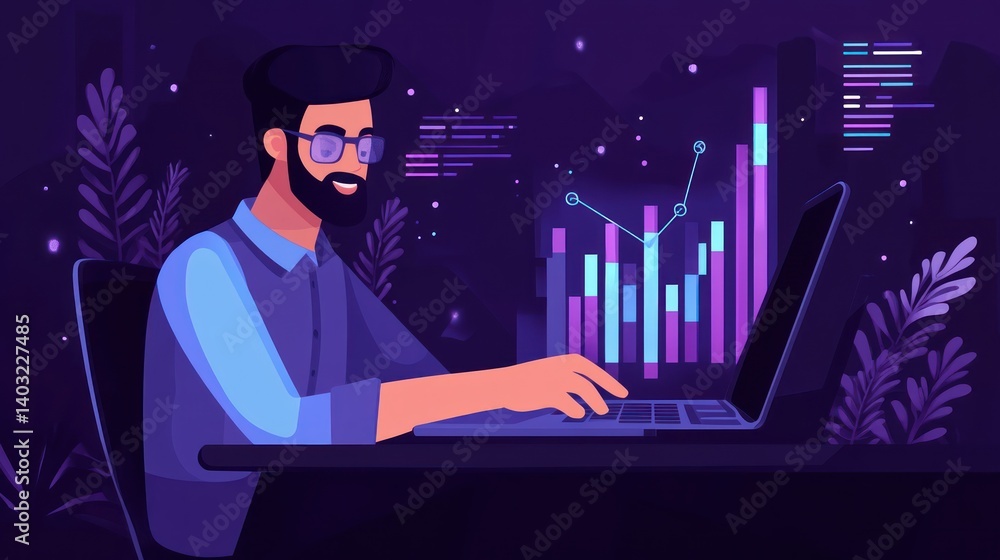 Poster programmer analyzing data charts on laptop at night, glowing background, website design