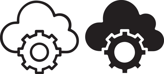 Cloud computing, gear icon, cloud storage, data processing, black and white, minimalist design, tech concept, vector graphics, symmetric layout, 