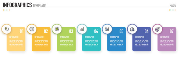 Rectangular infographic template or element with 7 step, process, option, colorful rectangle, icons, triangle, paper origami, button, tag, circle, circular, square bar for sale slide, internet planner