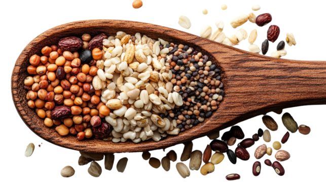 Assortment of Grains: A visually striking and diverse collection of grains rests atop a rustic wooden spoon, with various seeds scattered around, creating a textured composition.