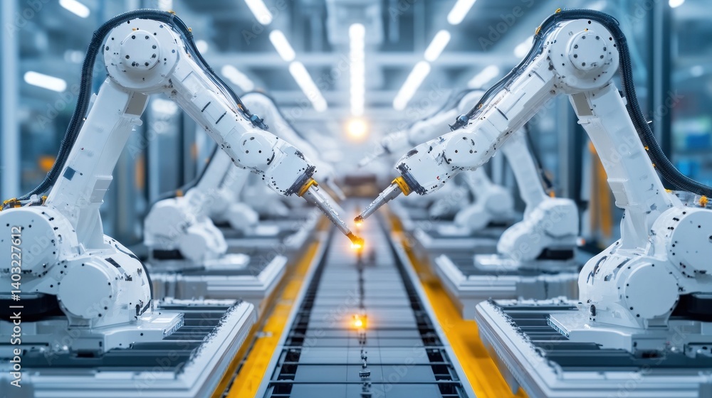 Poster precision automation in a manufacturing plant showcasing robotic arms working together in a sophisti