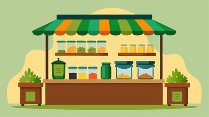Obraz premium A stall selling a variety of es and herbs with small glass jars filled to the brim and labeled with exotic names.
