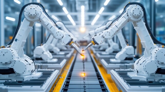 precision automation in a manufacturing plant showcasing robotic arms working together in a sophisticated and coordinated way to achieve a precise and efficient production process