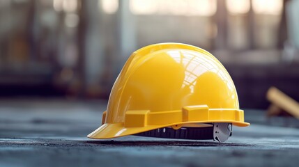a vivid close up image displaying a bright yellow construction helmet resting on a worn industrial surface with blurred machinery and soft natural light in the background