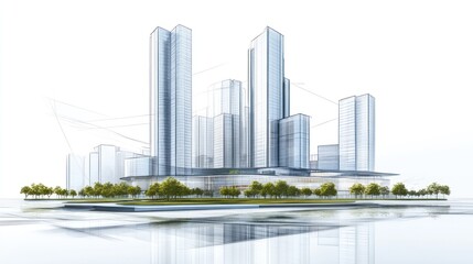 Obraz premium Architectural sketch of a modern cityscape with high-rise buildings.