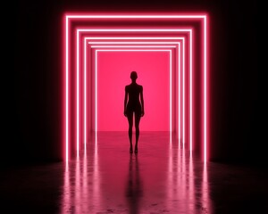 Obraz premium Silhouette Woman Neon Pink Light Corridor
