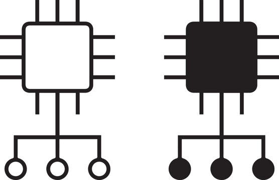 Minimalist circuit diagram, microchip icons, black and white design, symmetrical layout, electronic components