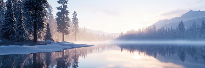 Beautiful landscape of a snowy mountain lake. the lake is calm and still, reflecting the sky and the surrounding mountains.