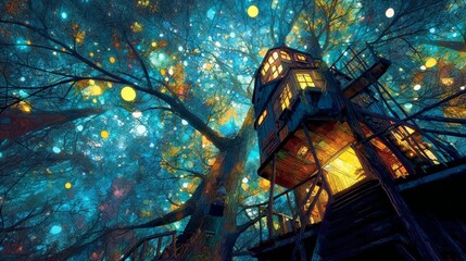 Enchanted Treehouse Under a Starry Night Sky with Vibrant Colors