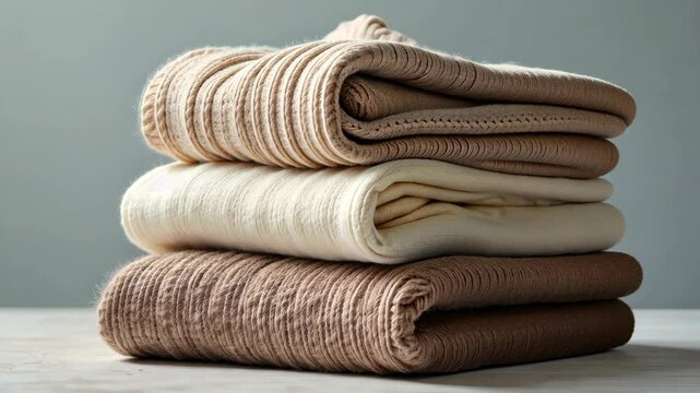 Three folded pieces of soft natural fabric in beige and brown tones on wooden table with plain background, concept of cozy and minimalist design
