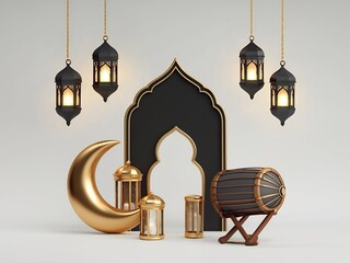 Obraz premium Ramadan Festive Decorations with Golden Crescent Moon and Lanterns
