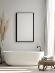 Fototapeta premium Modern minimalist bathroom with bathtub and framed art