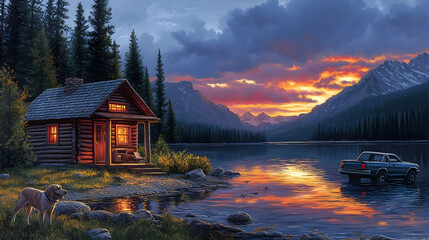 Obraz premium A log cabin nestled by a serene lake at sunset, reflecting tranquility.
