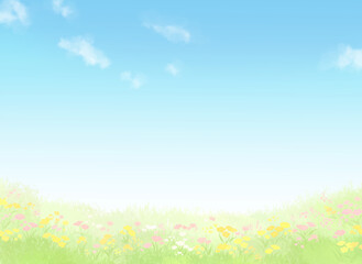 青空と花畑のある風景