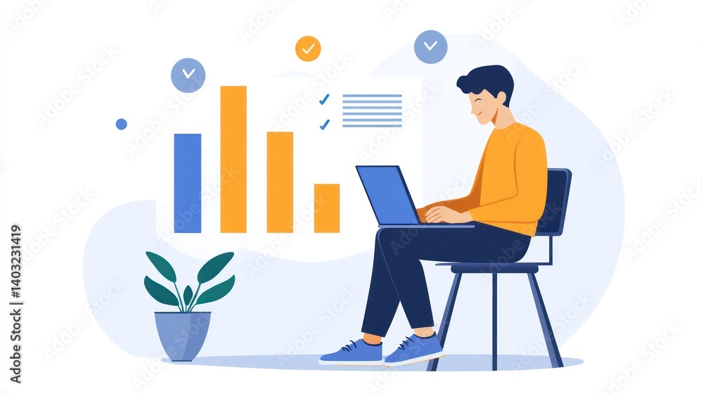 Poster man analyzing data charts on laptop, office background, project progress