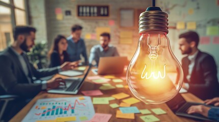 Creative team brainstorming with light bulb