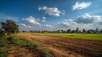 Fototapeta premium Wide-Angle Photo of Fresh Dirt Patch with Green Grass Field, Houses, and Blue Sky on a Bright Sunny Day – Suburban Outdoor Landscape