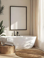 Fototapeta premium Modern minimalist bathroom with bathtub and framed art