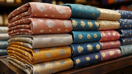 Stacks of Luxurious Floral Fabrics in Teal, Pink, Gold, and Silver