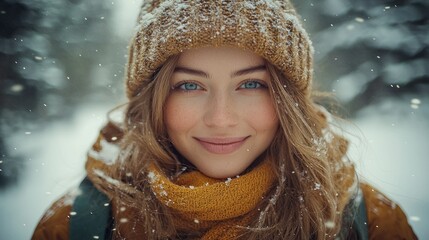 Winter Wonderland Portrait: A Young Woman's Serene Smile Amidst Falling Snow