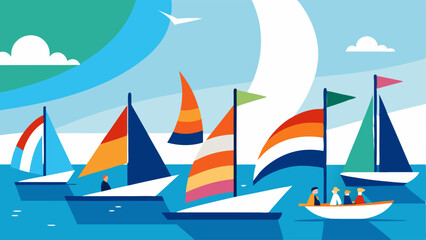 Sailing Regatta An exciting scene with several colorful adaptive sailboats participating in a regatta with flags and banners promoting inclusivity on the water.