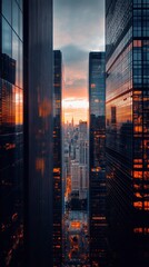 A breathtaking cityscape view of a modern metropolis at sunset.