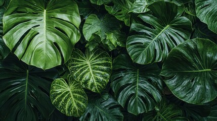 Lush Tropical Rainforest Foliage: A Vibrant Green Tapestry of Monstera and Philodendron Leaves