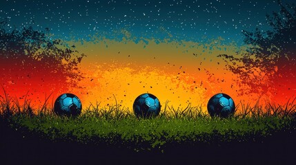 Sunset Soccer: Three Footballs Resting on Grass Underneath a Vibrant Sky