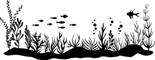Undersea or aquarium lanscape silhouette.  Underwater plants, corals and reef wildlife scene. Vector illustration with deep marine inhabitants. Black vector border. © KsanaGraphica