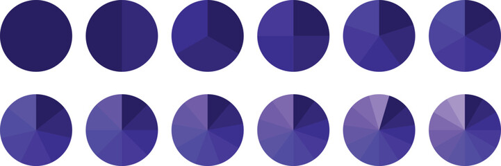 Pie chart set, segmented circle icons, circle diagram. Pie chart divided 1,2,3,4,5,6 equal parts. Color pizza or donut round diagram. Infographic wheel segment or sections parts. Vector illustration