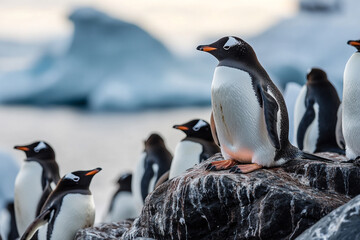 Obraz premium Vibrant, multicolored penguins perched on rocky outcrops along the Antarctic coastline near the ocean.