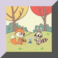 Fototapeta premium A fox, raccoon, and bunny enjoying a picnic in the autumn forest