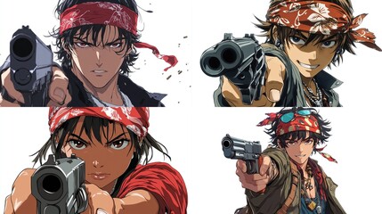 Four anime characters aiming guns.