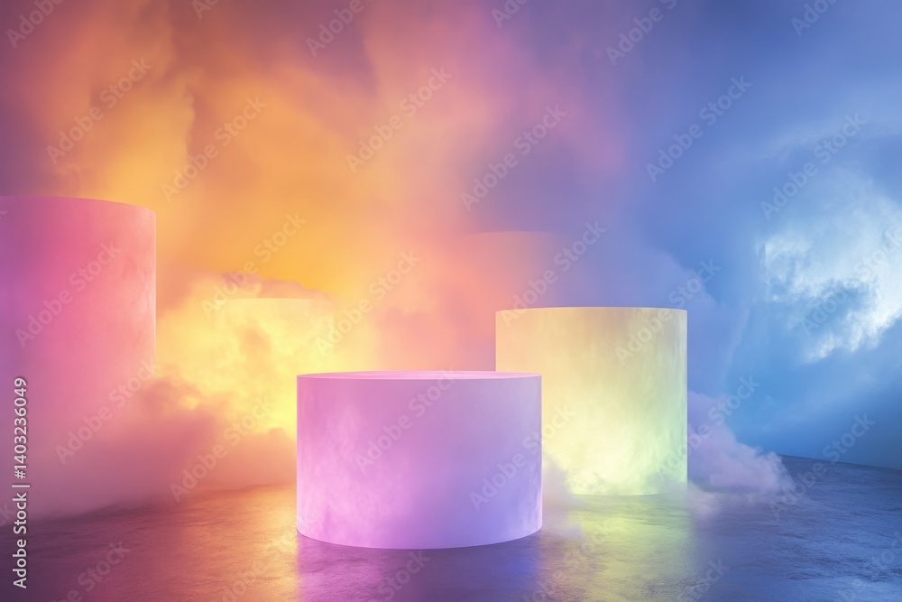 Aufkleber colorful illuminated structures surrounded by fog create an atmospheric display at an event