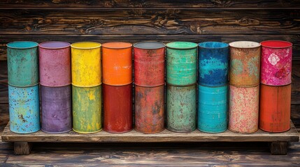 Vibrant Rustic Colorful Vintage Metal Cans Displayed on Wooden Shelf