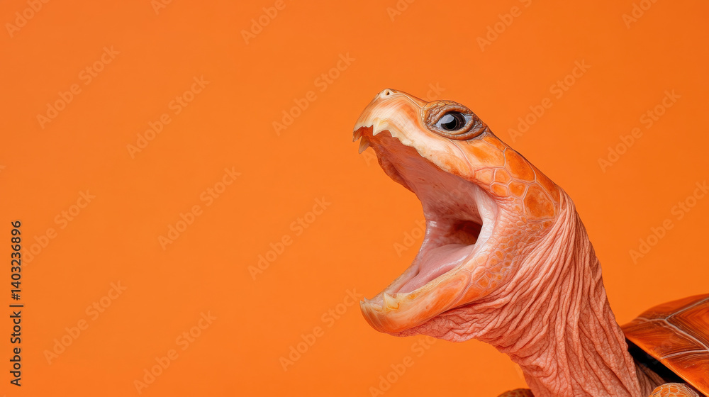 Poster animals with scary teeth, angry snapping turtle with wide-open beak on soil background, showcasing i