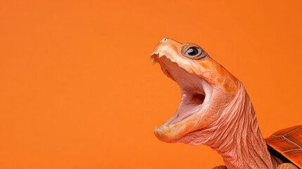 Animals with scary teeth, Angry snapping turtle with wide-open beak on soil background, showcasing its fierce expression and detailed features.