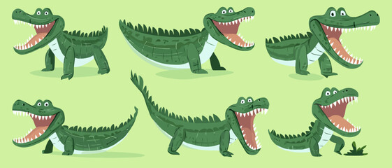 Cartoon alligator vector illustration set of cute green reptile animals