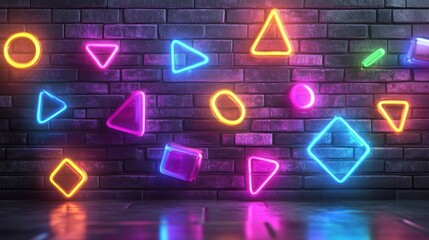 Neon Geometric Shapes on Brick Wall: Vibrant Digital Art