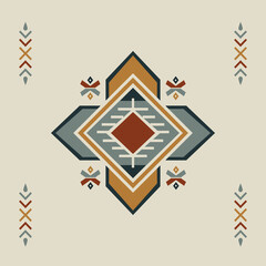 Tribal motif with a central diamond design in rust, teal, and ochre hues. Southwestern-inspired geometric pattern blending warm earthy and cool tones, suitable for textiles, prints, or digital use.