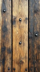 Fototapeta premium Close-up shows weathered wood planks, dark stains, and metal rivets. Texture and rustic charm are prominent