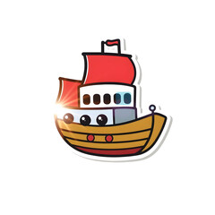 Obraz premium Abstract vector kawaii style ship sticker with bright lens flare contrasting colors and contour lines set against a big white background art illustration design