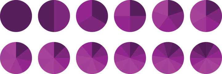 Pie chart set, segmented circle icons, circle diagram. Pie chart divided 1,2,3,4,5,6 equal parts. Color pizza or donut round diagram. Infographic wheel segment or sections parts. Vector illustration