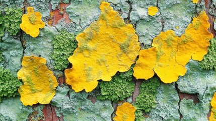 Obraz premium Yellow lichen growth on bark, forest background, nature texture, botanical study