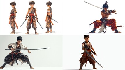 Young male warrior character designs, multiple poses, swords.