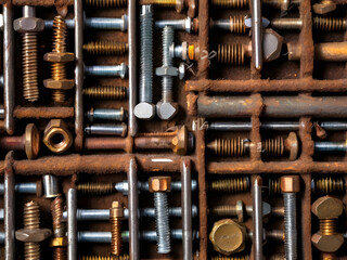Rusty Hardware Assortment: A captivating overhead shot showcasing a neatly organized collection of various rusty screws, bolts, and nuts in a vintage metal toolbox.