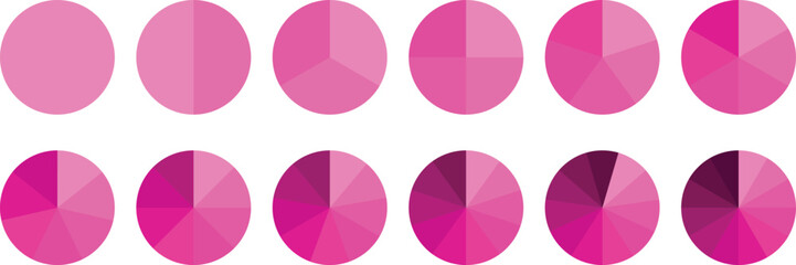 Pie chart set, segmented circle icons, circle diagram. Pie chart divided 1,2,3,4,5,6 equal parts. Color pizza or donut round diagram. Infographic wheel segment or sections parts. Vector illustration