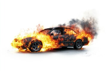 A car engulfed in flames and surrounded by billowing smoke