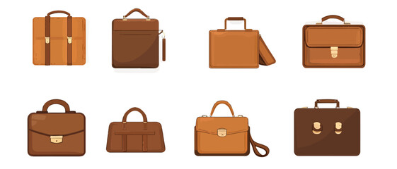 Collection of leather briefcases and bags for business and travel needs